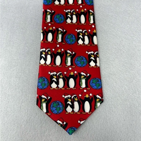 Christmas Penguin tie, Red, Silk, Festive Occasions, 57 x 3.5 Inches. - Picture 2 of 6